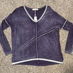 Purple Long Sleeve Relaxed Blouse with V-Neck and Asymmetrical Hem